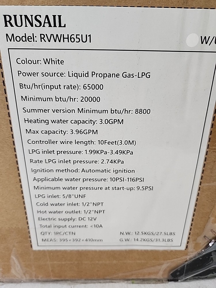 NEW Runsail RV Hot Tankless Wather Heater 65,000 BTU. White