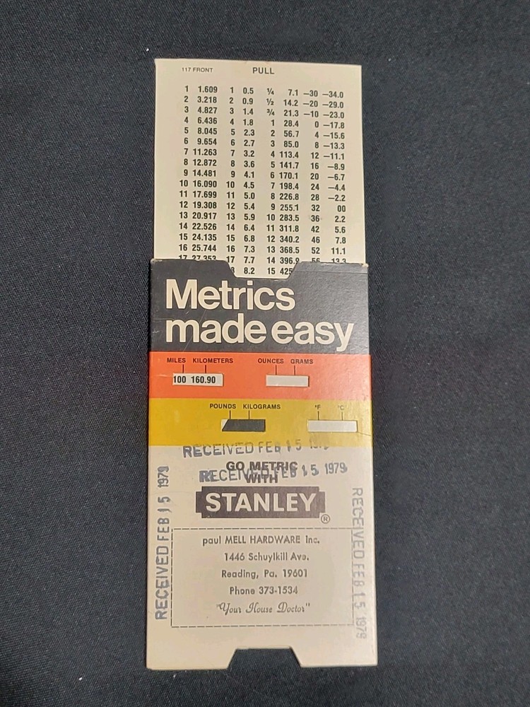 Stanley Metrics Made Easy Slide Pull Out Conversion Chart grams pounds km degree