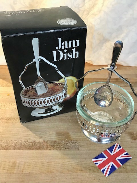 Leonard Silver silverplate and crystal jam dish with spoon, original packaging.