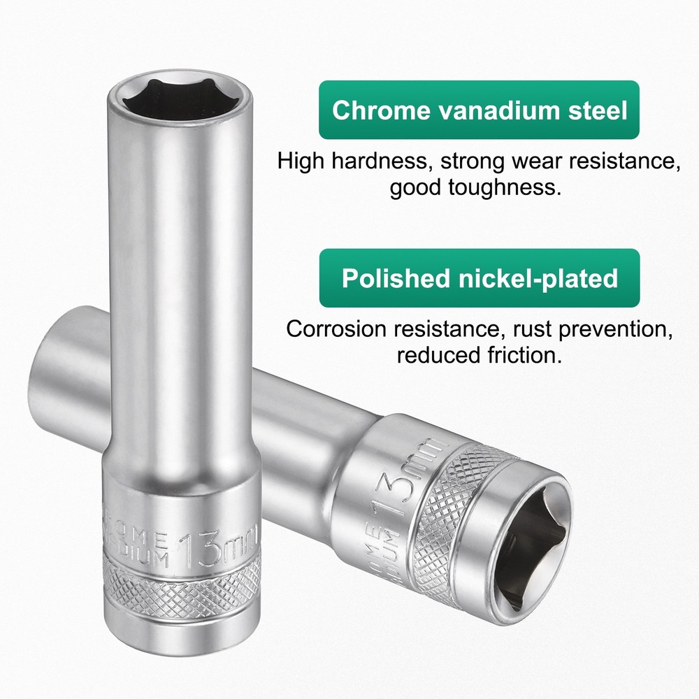 2pcs 6 Points Deep Socket 1/2" Drive 13mm Nickel Plating Hex Socket 3.1" Long