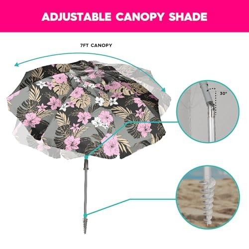 ROXY Beach Umbrella with UV 50+ Sun Protection – Adjustable 7', Anthracite