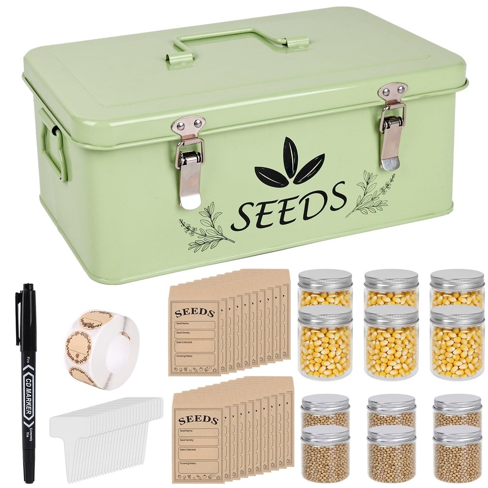 Spring Seed Storage Organizer | 3-Compartment Metal Seed Box with Locking Lid...