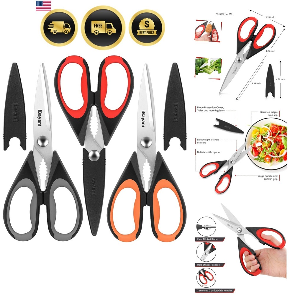 3-Pack 8.5"Kitchen Scissors All Purpose Heavy Duty with Protective Sheath, So...