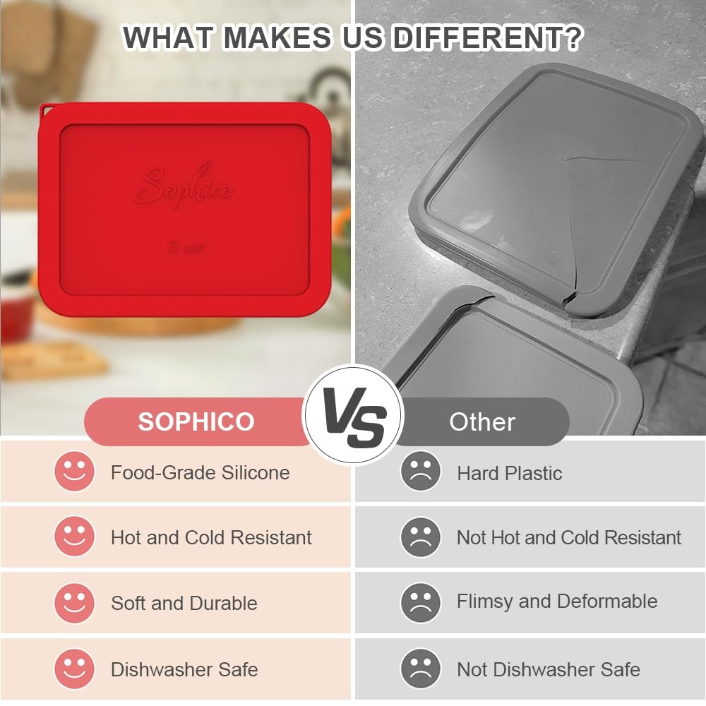 Sophico 3 Cup Rectangle Silicone Storage Cover Lids Replacement RED - 2 PACK