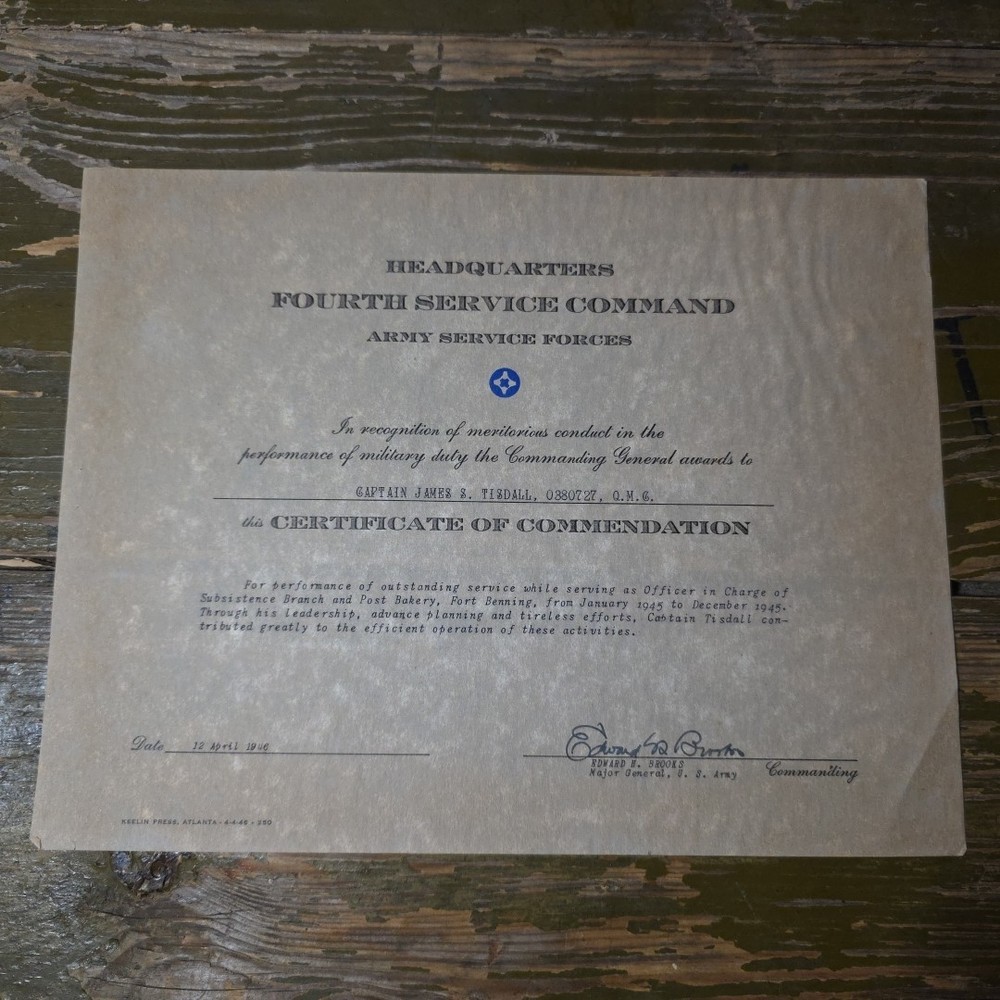 HQ 4th Fourth Service Command Commendation 1946 Post World War 2