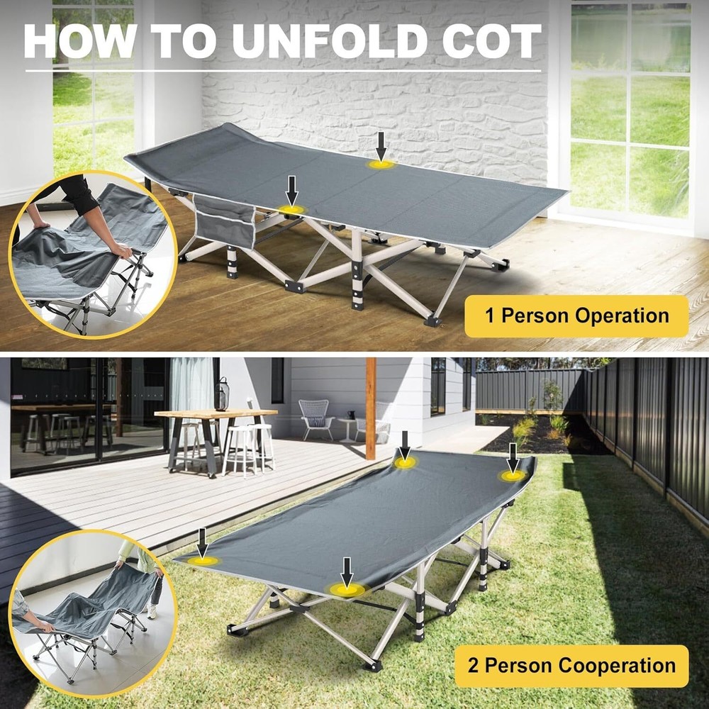 Black folding camp bed with mattress, 800 lb. maximum load capacity