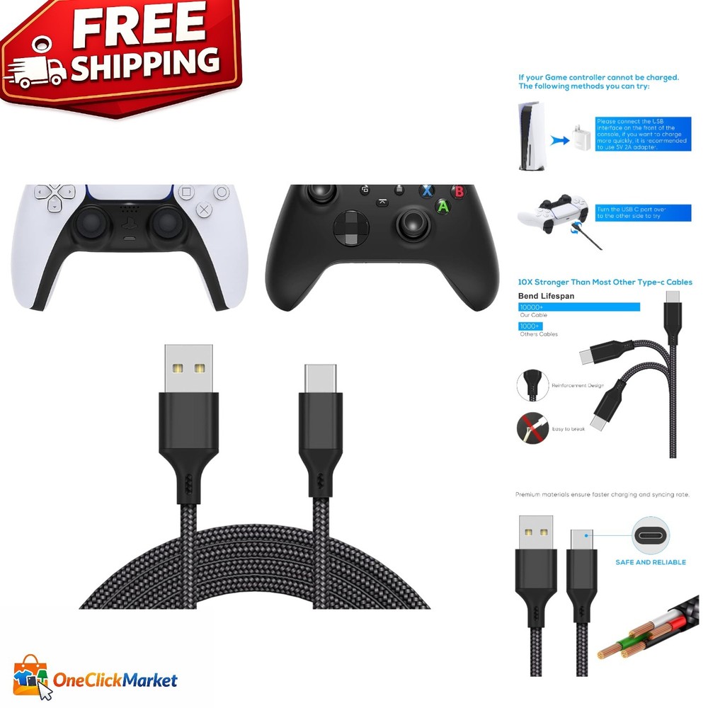 16.4FT USB Type C Charging Cable for PS5/Xbox Series Controllers - Nylon Braided