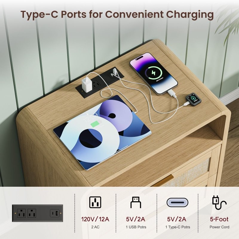 2PCS Nightstand Bedside End Table With 2 Drawers, Storage Shelf, Charging Socket