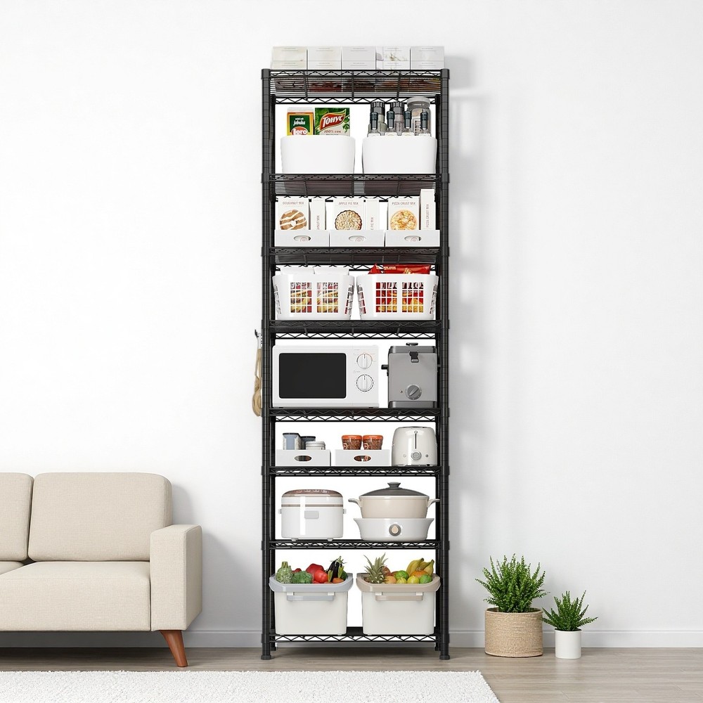 8-Tier Wire Shelving Unit - Heavy Duty, Adjustable, Hooks, Modular & Black