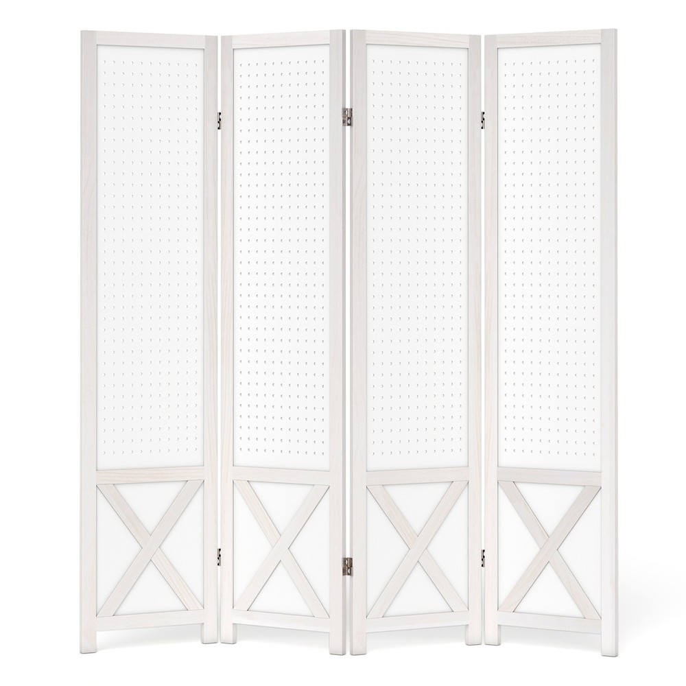 4-Panel Pegboard Room Divider, 67" Tall Foldable Privacy Screen, For Home, White
