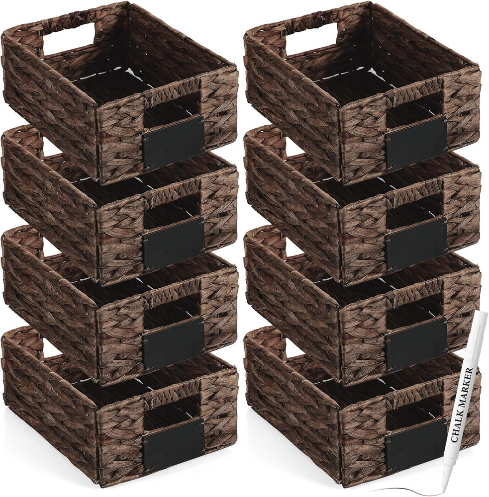 8 Pcs Wicker Storage Basket, Rectangular Water Hyacinth Storage Basket for Shelv