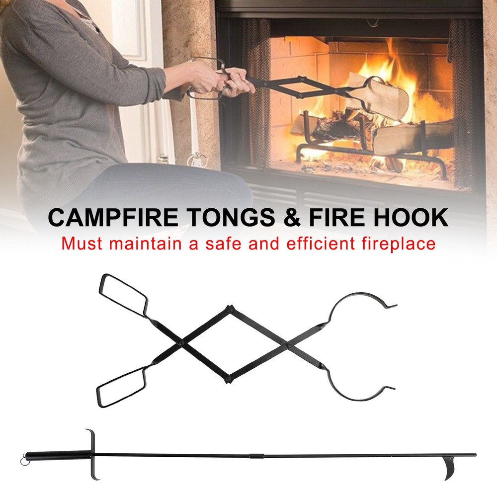2PCS Hearth Tool Fireplace Set Fire Tools Set Campfire Tongs Fire hook Blk