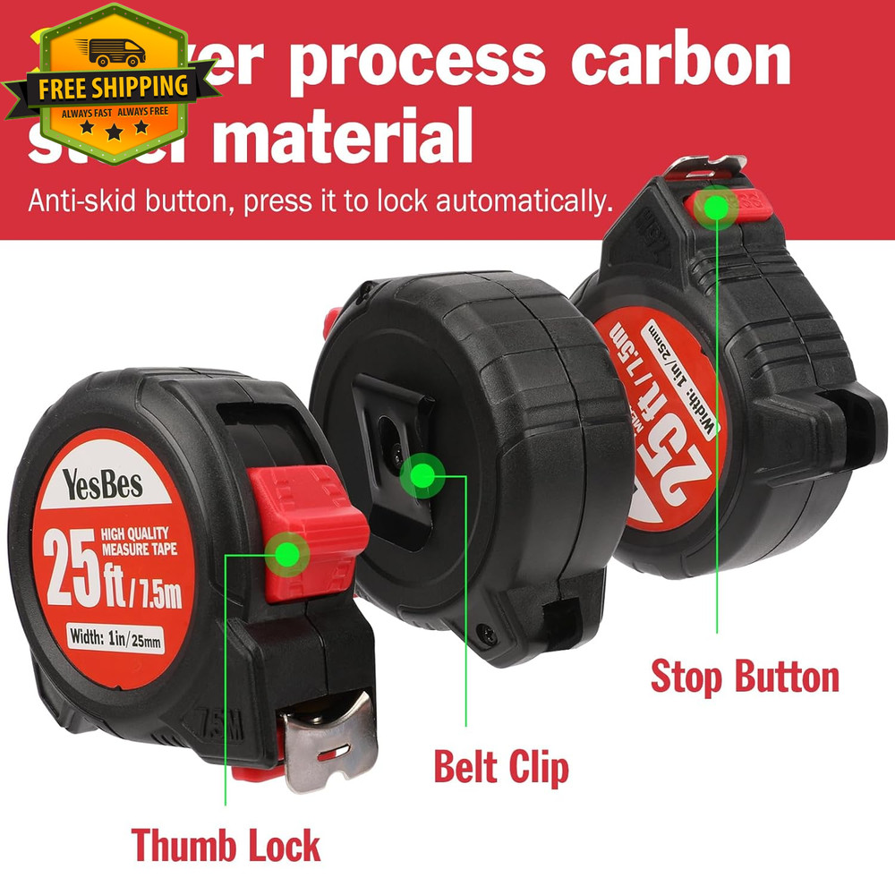 25ft Tape Measure Self Lock Retractable Easy Read Bulk Pack