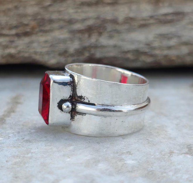 Solid 925 Sterling Silver Natural Red Garnet Rectangular Gemstone Wide Band Ring