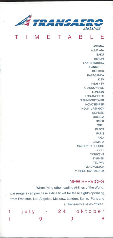 Transaero system timetable 7/1/98 [4111]
