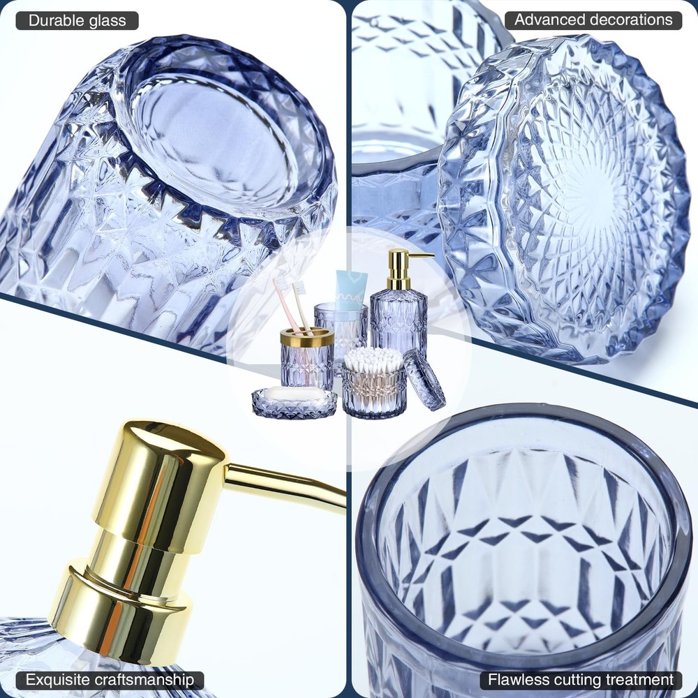 Blue Bathroom Accessory Set, 5 PCS Glass Set for Decor,