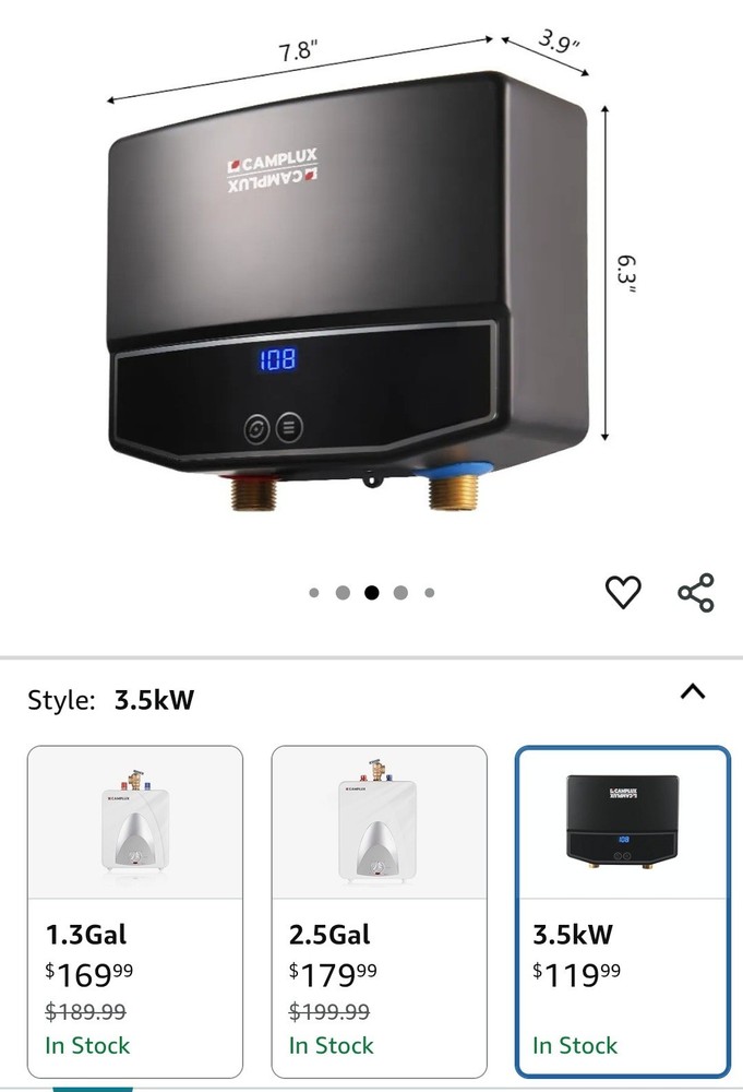 Camplux RV Tankless Water Heater Electric 3.5kW 120V Self Modulating WHITE