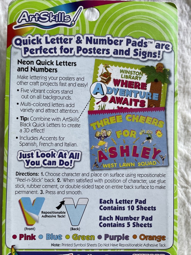 New Artskills! Quick Letter & Number Pads, Neon, Repositionable