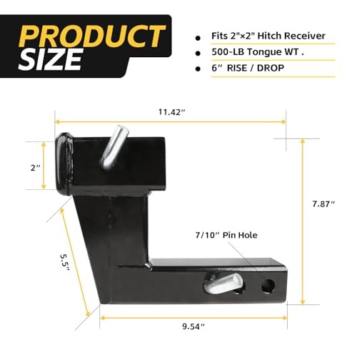 Trailer Hitch Riser for 2" Receivers, 6" Rise or Drop Solid‑Steel Height