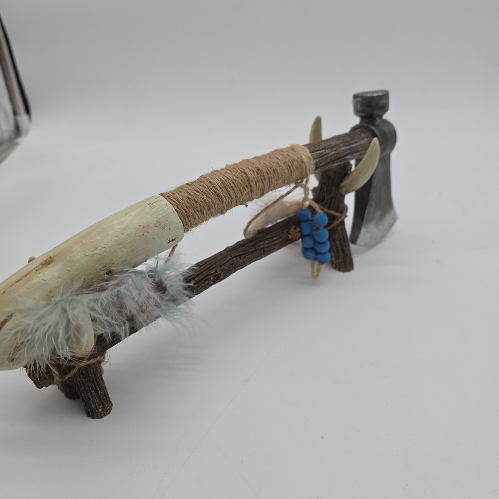 Decorative tribal tomahawk axe primitive bone handle feather display stand