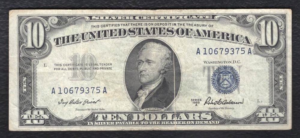 1953-A $10 SILVER CERTIFICATE CURRENCY NOTE “GUTTER FOLD ERROR” VERY FINE