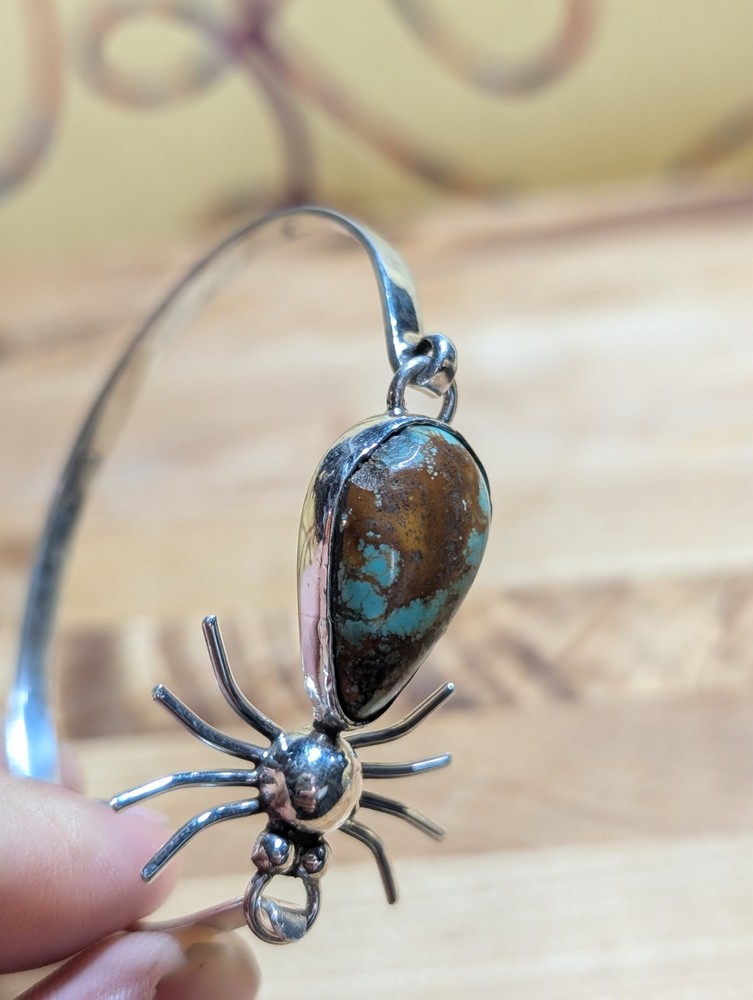 Native American Spider Spiderweb Turquoise Sterling Silver Bangle Bracelet