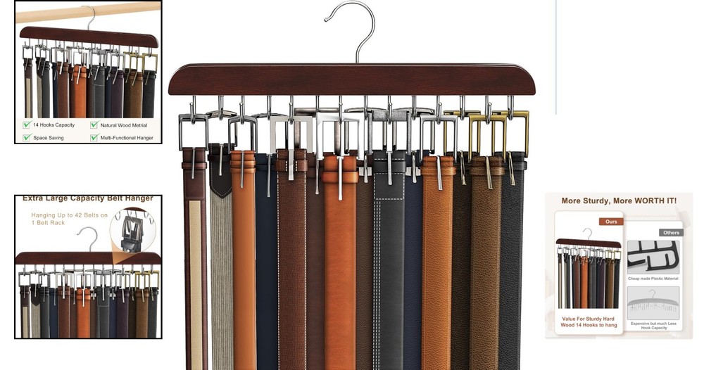 Compact Mahogany Belt Storage Solution with 14 Hooks – Elevate Your Closet Style