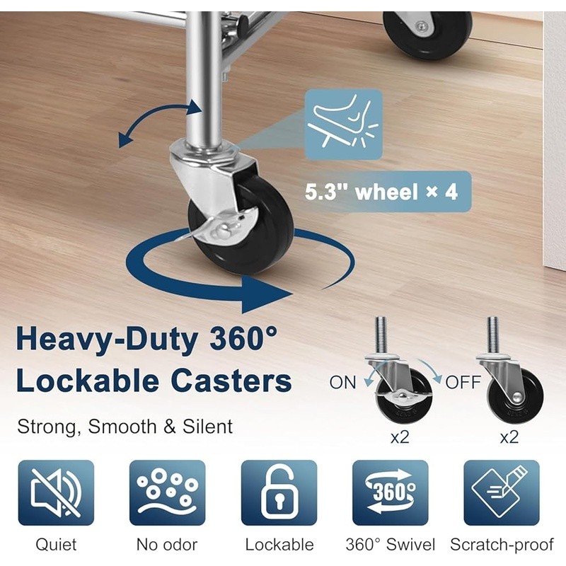 Heavy Duty Clothing Rack W/ Lockable Wheels Adjustable Height Storage Solution