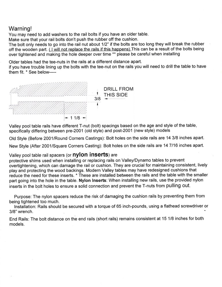 Original Valley 5-bolt pool table rails 7ft