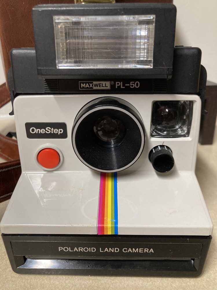 Vtg Polaroid One Step Land Camera W/ Leather Bag & Maxwell PL-50 Flash UNTESTED