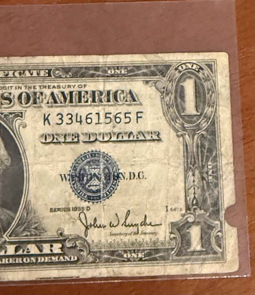 ERROR - 1935 D $1 Silver Certificate - Reverse Print Off Center - Good Condition