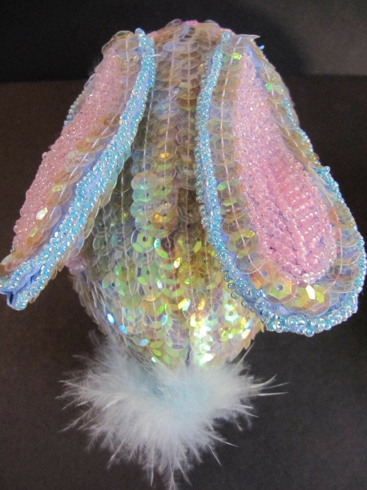 Sequin Beaded Easter GREEN Bunny Rabbit Egg Trinket Box Candy Container