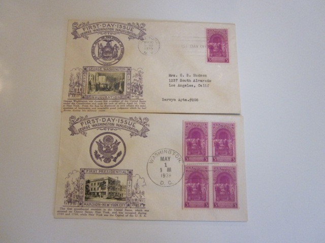 2 DIFF US COVER WASHINGTON INAUGURATION FDC & NEXT DAY SCOTT 854 CROSBY CACHETS