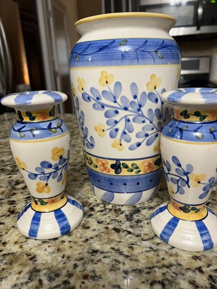 Ceramic Vase 9in with 2 Candle Holders Blue Yellow Set