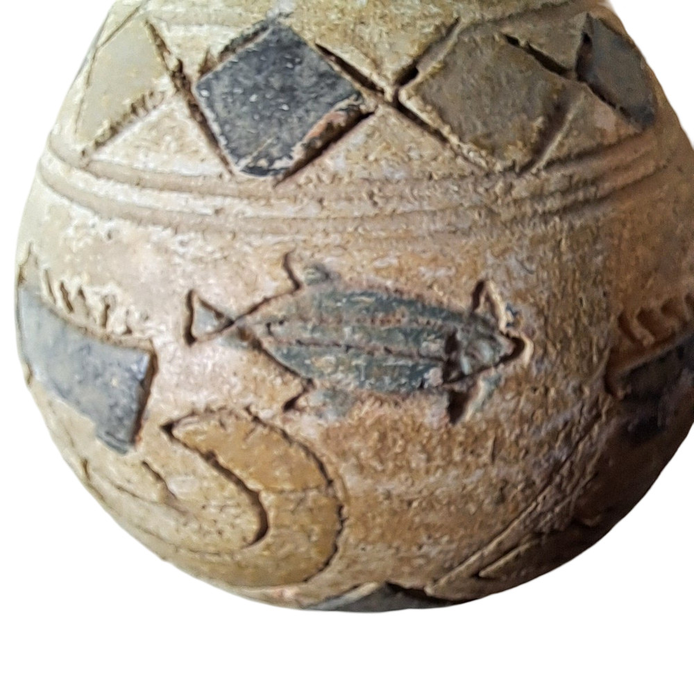 Primitive Style Clay Vase has Fish Boat Diamond Pattern Painted Scraffito Small
