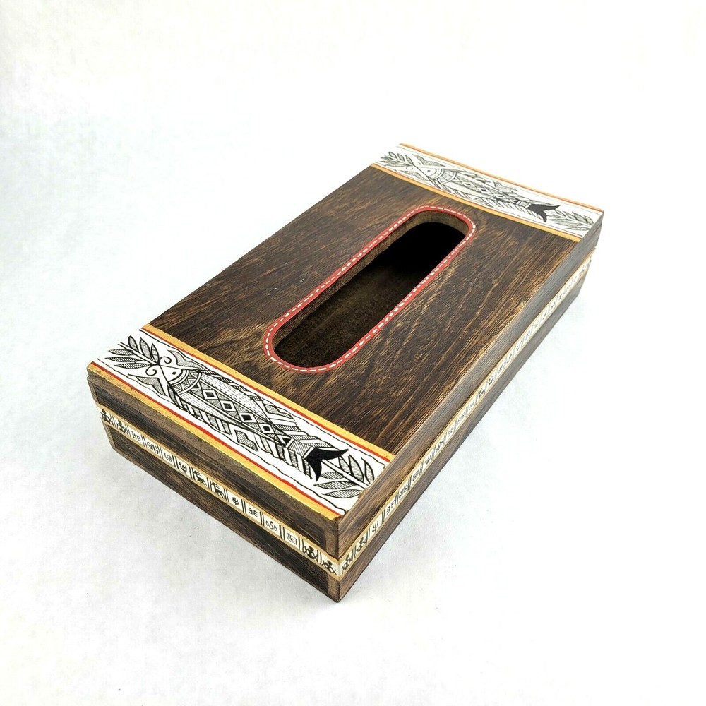 Wood Tissue Box Hand Painted Holder Boho Rustic Decor Hinged Tissue Paper Holder
