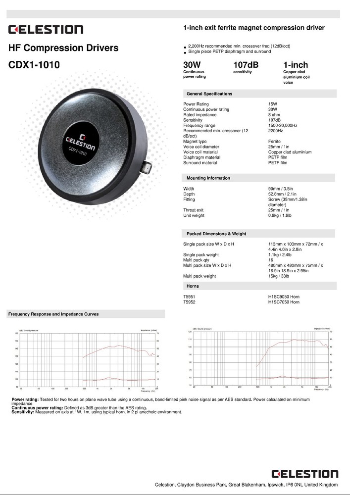 Celestion CDX1-1010 - 1" Compression Driver 1-3/8"-18 TPI 8 Ohm