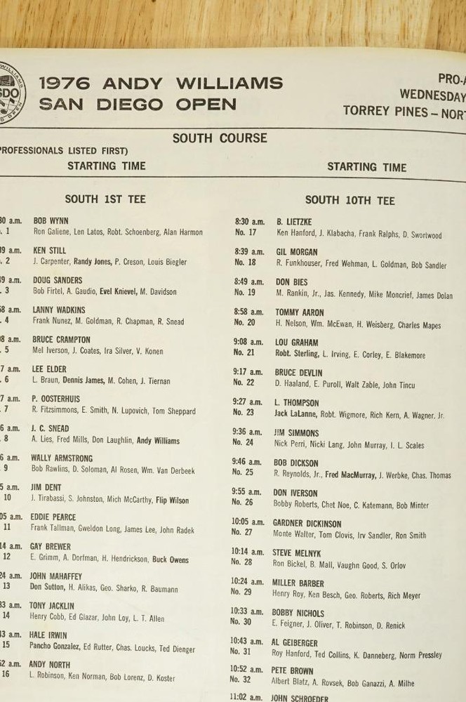 9th Annual Andy Williams San Diego Open 1976 Golf Tornament Program & Pairings