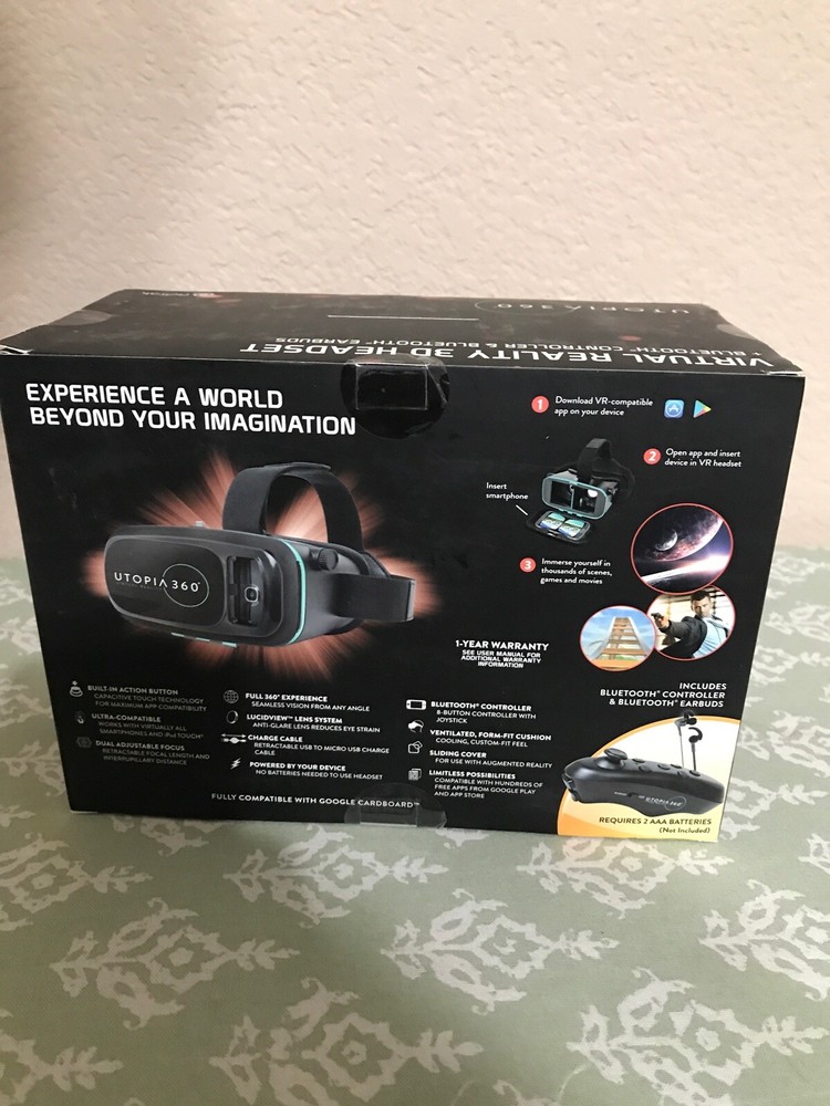 Utopia ReTrak 360 Degree 3D Virtual Reality Headset Bundle Earbuds & Controller