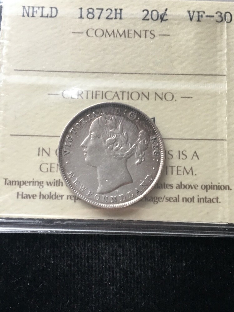 1872H ICCS Graded Newfoundland ¢20 Cent, **VF-30**