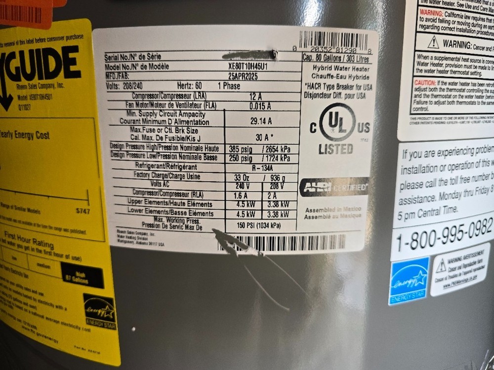 RHEEM ProTerra 80 Gal. PERFORMANCE PLATINUM Hybrid Heat Pump Water Heater