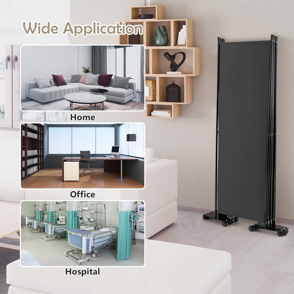 6-Panel Folding Room Divider 6' Rolling Privacy Screen w/ Lockable Wheels Grey