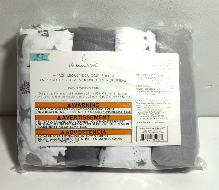 The Peanutshell 4 Pack Microfiber Crib Sheets Gray White Black Moon and Stars