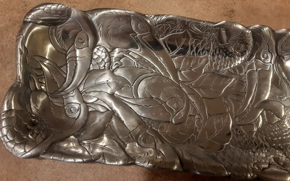 ARTHUR COURT P 1983 ALUMINUM 20" PARROT & TOUCAN RECTANGULAR TRAY