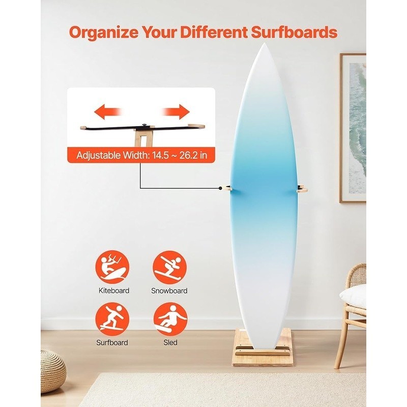 Adjustable Bamboo Surfboard Rack Freestanding Storage Display Stand Anti-Scratch