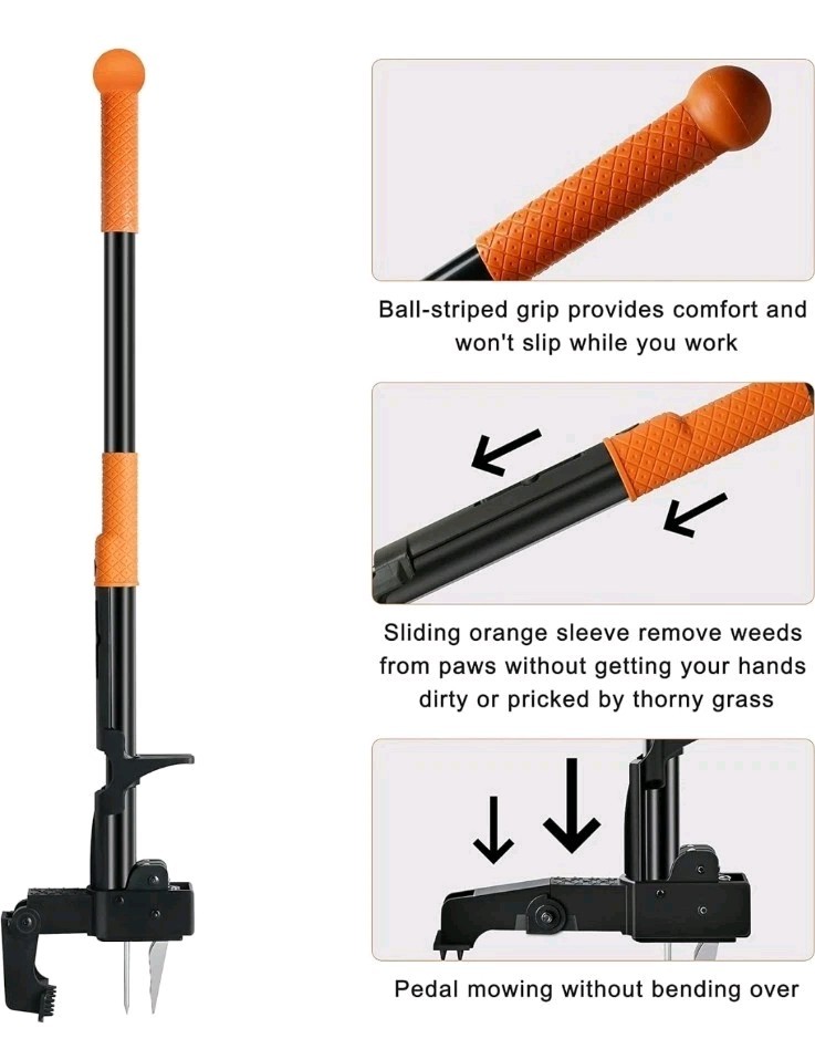 Weed Puller Tool Stand-Up - 40" Long Handle Picker with Leaf Bag, Orange