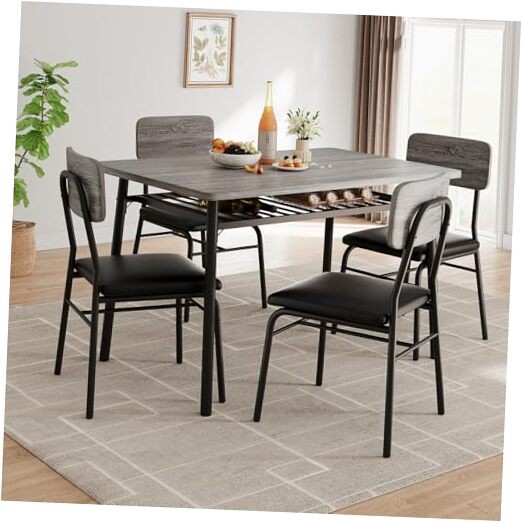 Dining Table Set for 4 with Storage Rack, 5-Piece Table with 4 Chairs Gray -1