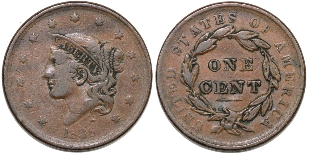 1838 1c Coronet or Matron Head Large Cent