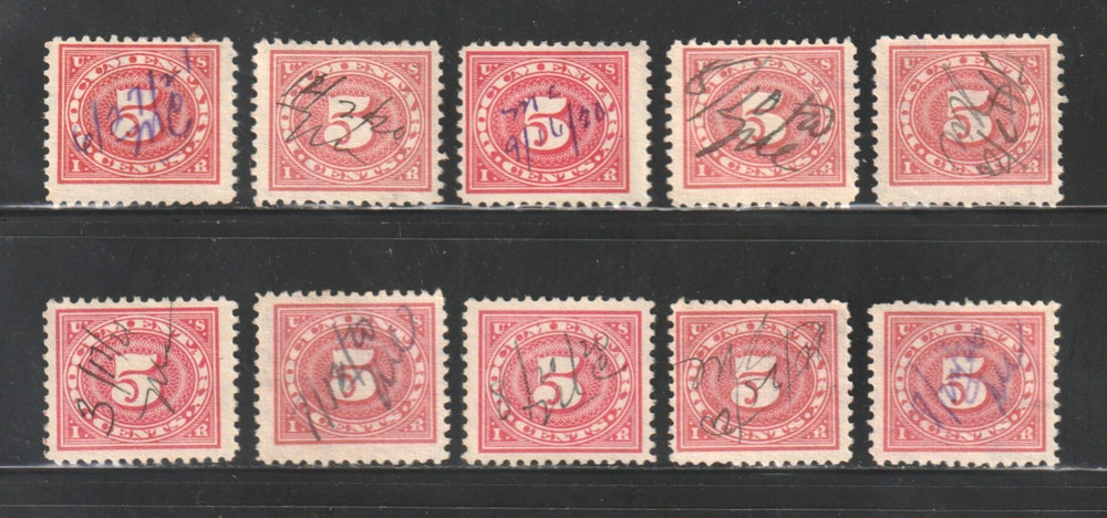 Scott # 232, Used, 5¢ Documentary, Manuscript Cancels "MC", 10 Different