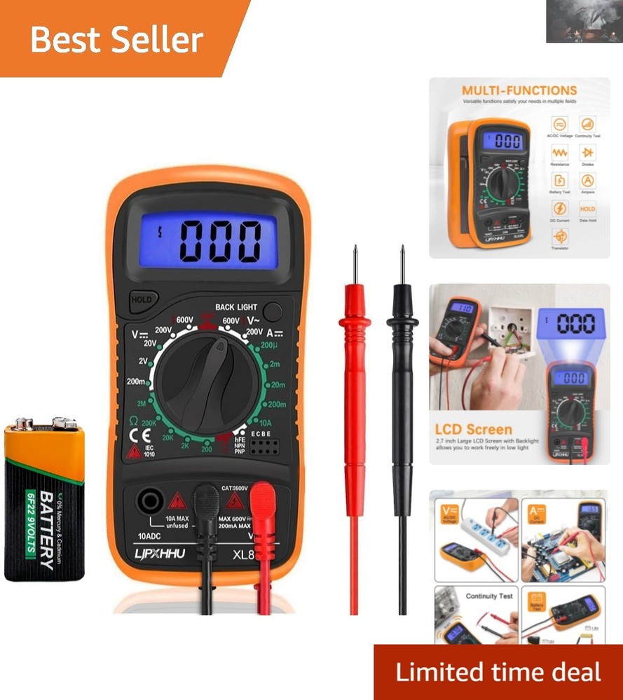 Compact Digital Multimeter - AC/DC Voltage Tester with 2-  & Leads